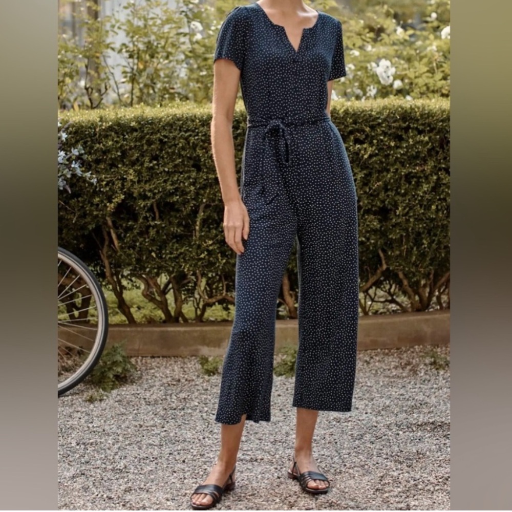 J. Jill Polka Dot Split-Neck Crop‎ Jumpsuit Short Sleeve Navy Blue Medium Tall
